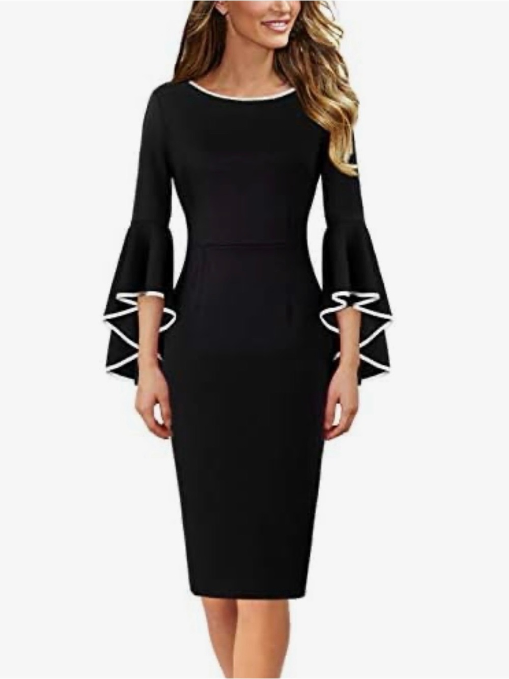 Vfshow Knit Contrast Trim Ruffle Bell Sleeve Sheath Dress